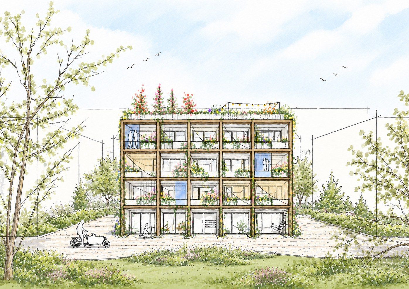 Sfeerimpressie: een houten woongebouw van vier lagen met veranda's vol groen, aan de rand van het park