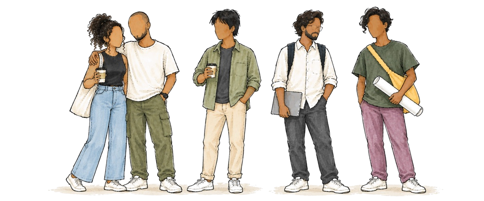 Illustratie van vijf voorbeeldbewoners