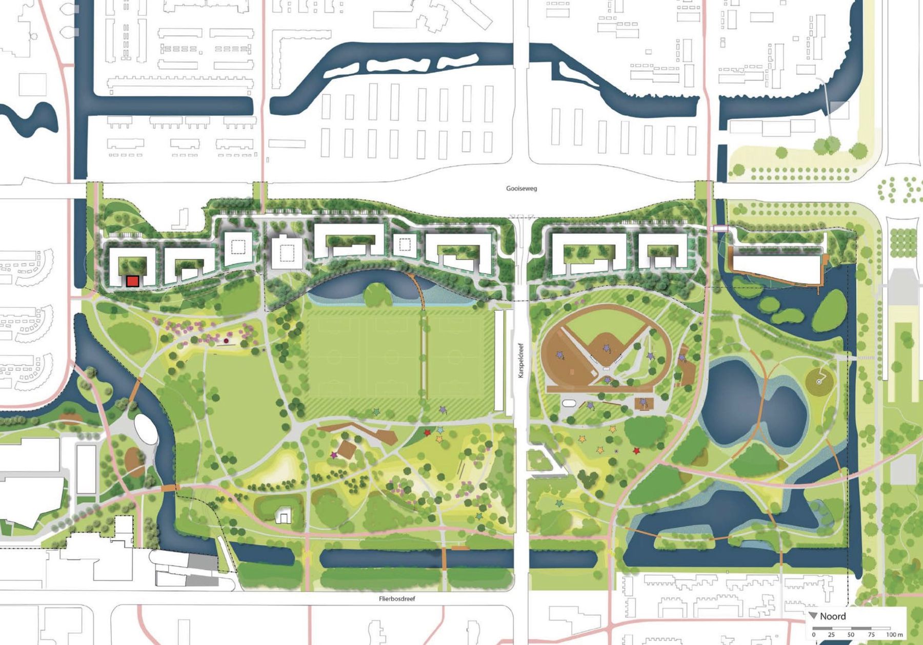Plankaart van het Nelson Mandelapark met de nieuwe buurt; kavel A2 is rood gemarkeerd aan de parkzijde