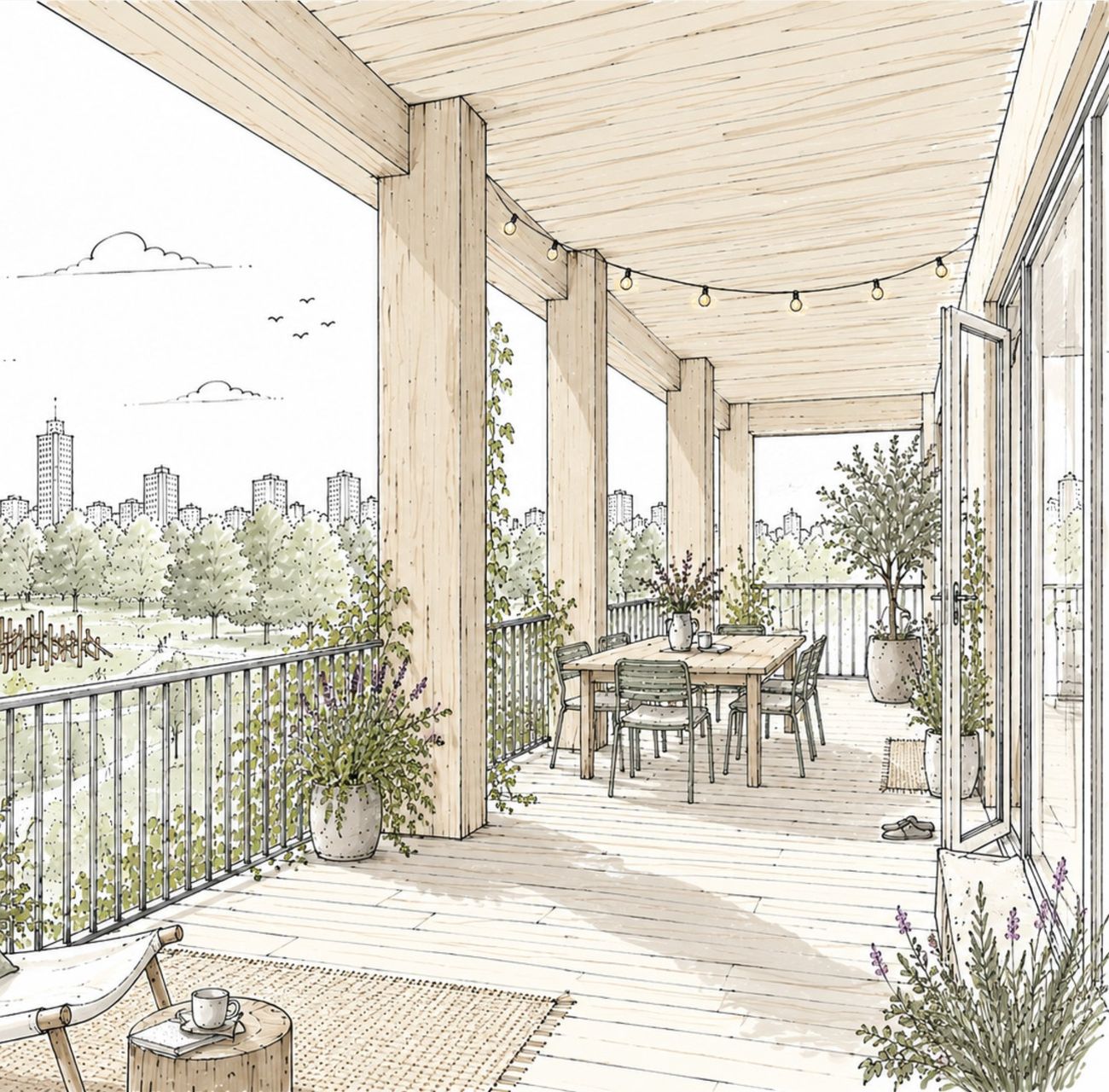 Schets: een royale houten veranda met tafel en planten, met uitzicht over het park en de skyline van Zuidoost